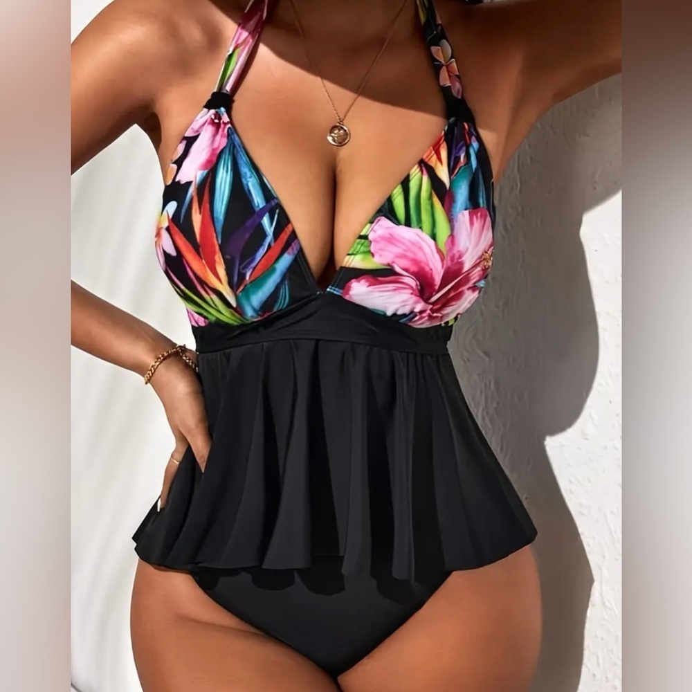 Tropical Floral Halter V Neck Tankini